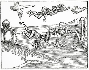 Daedalus, ontsnapt uit Kreta met zijn zoon, Icarus, ziet hem vallen naar zijn dood, 1493