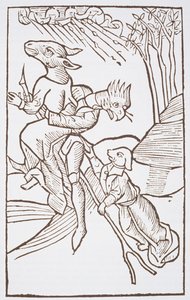 Vertrek naar de Sabbat, kopie van een illustratie uit Von den Unholden oder Hexen door Ulrich Molior, Constanz 1489, gebruikt in Geschiedenis van de Magie, gepubliceerd eind 19e eeuw door German School