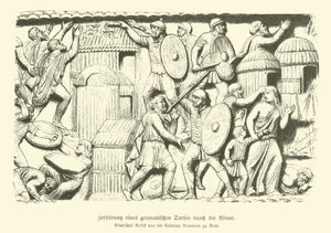 Vernietiging van een Germaans dorp door Romeinse soldaten (gravure) door German School