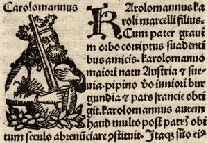 Detail van een originele incunabelblad, met afbeelding van Karel de Grote (742-814) voor 1500 door German School