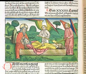 Deuteronomium 34 De dood van Mozes, uit de Neurenbergse Bijbel (Biblia Sacra Germanaica) door German School