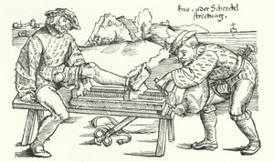 Apparaat voor het rechtzetten van een gewonde been (gravure)