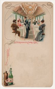 Restauratiewagen in een trein, advertentie voor Ueberkinger Sprudel tafelwater door German School