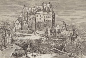 Eltz Kasteel, in de heuvels boven de Moezelrivier, Duitsland, zoals het eruitzag aan het einde van de 16e eeuw door German School