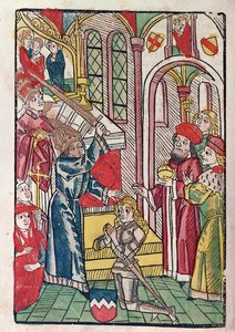 Keizer Sigismund (1367-1437) van Luxemburg slaat een ridder tot ridder (kleur houtsnede) door German School