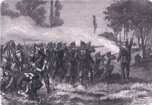 Ontmoeting in het bos voor Metz, Cassells Geschiedenis van de oorlog tussen Frankrijk en Duitsland uitgegeven door Cassell and Company Limited, ca. 1890