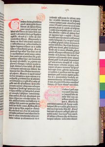 Einde van de Pentateuch en begin van het boek Jozua, uit de Gutenberg Bijbel, gedrukt door Johannes Gutenberg (c.1400-68) & Peter Schoeffer (1425-1502) in Mainz, 1454-56