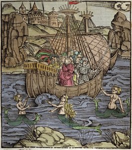 Eneide van Vergilius (70 v.Chr.-19 v.Chr.), de Trojaanse held Eneas en zijn metgezellen steken een zee vol sirenen over. Houtsnede door Sebastian Brant (1458-1521). Straatsburg door German School