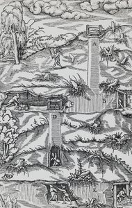 Gravure uit De re metallica (Over de aard van metalen), door Georg Pawer of Georgius Agricola (1494-1555), gepubliceerd in Basel