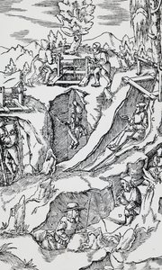 Gravure uit De re metallica, door Georg Pawer of Georgius Agricola, gepubliceerd in Basel door German School