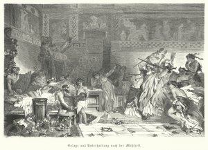Vermaak na de maaltijd op een Romeins feest (gravure) door German School
