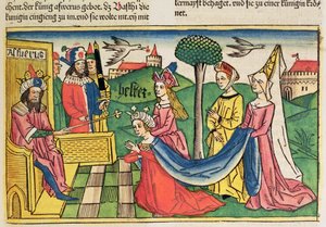 Esther 2:15-18, Esther wordt gekozen tot koningin door de Perzische koning Ahasveros, uit de Neurenbergse Bijbel (Biblia Sacra Germanaica) door German School