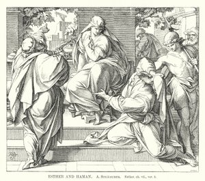 Esther en Haman, Esther, hfst. vii, vers 8 (gravure)