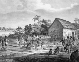 Europeanen aan het ruilen bij de rivierhaven van de Miranhas-stam, Amiro Japara, illustratie uit de Atlas van een reis in Brazilië