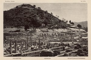 Opgraving van de site van het oude Olympia, Griekenland: de Palaestra, de Tempel van Hera en de Schatkamers (gravure)