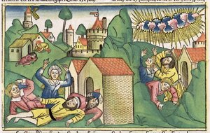 Exodus 11:1-10 De zeven plagen van Egypte: de dood van de oudste zonen, uit de Neurenbergse Bijbel (Biblia Sacra Germanaica)