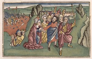 Exodus 14 Mozes en de Israëlieten steken de Rode Zee over, uit de Neurenbergse Bijbel (Biblia Sacra Germanaica) door German School