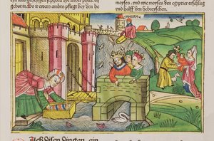 Exodus 2:1-6 Mozes wordt de Nijl afgedreven en ontdekt door een van de vrouwen van de farao, uit de Neurenbergse Bijbel (Biblia Sacra Germanaica) door German School