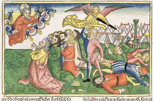 Exodus 32:15-23 Mozes breekt de stenen tafelen, uit de Neurenbergse Bijbel (Biblia Sacra Germanaica) door German School