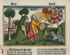 Exodus 34:1-10 Mozes ontvangt de tweede tafelen met de Tien Geboden, uit de Neurenbergse Bijbel (Biblia Sacra Germanaica)