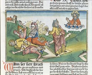 Exodus 9:8-12 De zeven plagen van Egypte: Mozes en de plaag van zweren, uit de Neurenbergse Bijbel (Biblia Sacra Germanaica) door German School