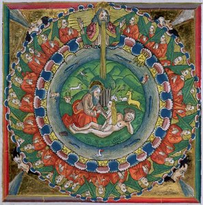 Facsimile kopie van Genesis 2:22 God schiep Eva, uit de Neurenbergse Bijbel (Biblia Sacra Germanaica)