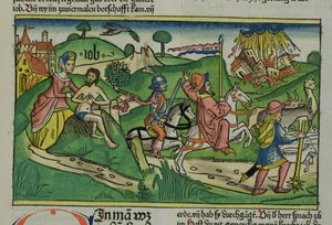 Facsimile kopie van Job: Frontispice, Job wordt berispt door zijn vrouw, zijn huis en familie vernietigd door een orkaan en zijn vee gestolen, uit de Neurenbergse Bijbel (Biblia Sacra Germanaica) door German School