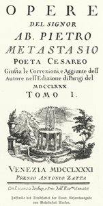 Facsimile van de titelpagina van een Venetiaanse editie van de verzamelde werken van de Italiaanse dichter en librettist Pietro Metastasio door German School