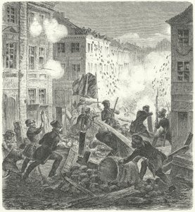 Gevechten bij een barricade voor het Colln-stadhuis, Berlijn, Revolutie van 1848 (gravure) door German School