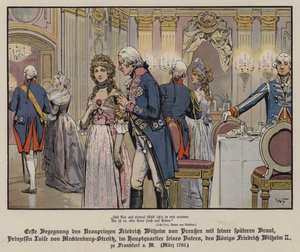 Eerste ontmoeting van Kroonprins Frederik Willem van Pruisen en zijn toekomstige bruid, Prinses Louise van Mecklenburg-Strelitz op het hoofdkwartier van zijn vader, Koning Frederik Willem II, in Frankfurt