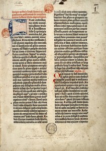Eerste pagina van de Bijbel in het Latijn (vulgata) van Gutenberg, voorbereid in Mainz 1452 - 1454. Het begin van de brief van Sint Hiëronymus aan de priester Paulinus over alle boeken van de Heilige Schrift