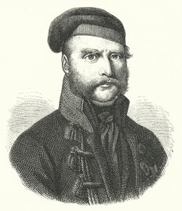 Frederik Willem, hertog van Brunswijk-Wolfenbüttel, Duitse soldaat die de Zwarte Brunswickers leidde tegen de Fransen tijdens hun bezetting van Duitsland in de Napoleontische oorlogen (gravure) door German School