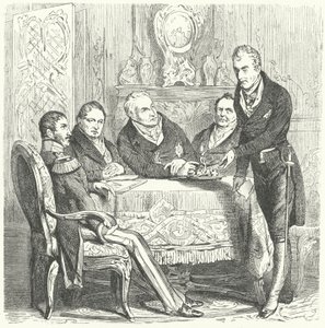 Frederik Willem III van Pruisen in gesprek met zijn premier Karl August von Hardenberg en Klemens von Metternich, de Oostenrijkse minister van Buitenlandse Zaken (gravure) door German School