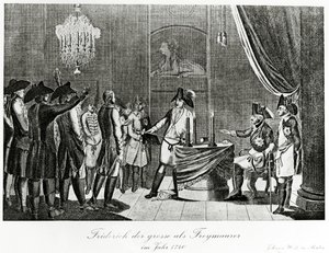 Frederik de Grote ontvangt zijn zwager, Frederik, markgraaf van Brandenburg-Bayreuth als vrijmetselaar in Berlijn in 1740 door German School