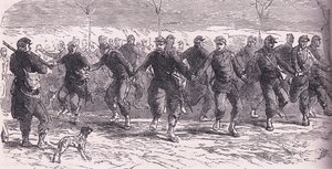 Franse soldaten dansen in het kamp, Cassells Geschiedenis van de Oorlog tussen Frankrijk en Duitsland gepubliceerd door Cassell and Company Limited, ca. 1890