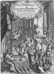 Frontispice, illustratie uit Cryptographia, oder geheime Schrifften door Johann Balthasar Friderici, gegraveerd door Johan Friedlein (17e eeuw) gepubliceerd in Hamburg, 1685 door German School