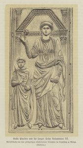 Galla Placidia, dochter van de Romeinse keizer Theodosius I, en haar zoon, Valentinianus III (gravure)
