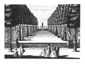 Tuin Theater in Herrenhausen, gegraveerd door Joost Van Sasse door German School