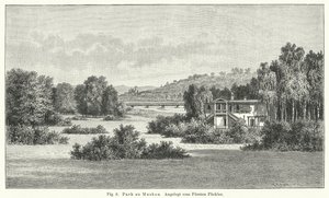 Tuinontwerp: Muskau Park, Duitsland, aangelegd door Prins Hermann von Pueckler-Muskau (gravure) door German School