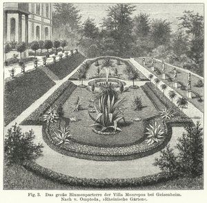 Tuinontwerp: groot parterre bij Monrepos, landgoed van bankier en amateurastronoom Heinrich Eduard von Lade, Geisenheim, Duitsland (gravure) door German School