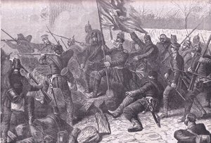 Generaal von Budretzky leidt de aanval op Le Bourget, Cassells Geschiedenis van de oorlog tussen Frankrijk en Duitsland uitgegeven door Cassell and Company Limited, ca. 1890