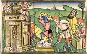 Genesis 11:1-9 De bouw van de Toren van Babel, uit de Neurenbergse Bijbel (Biblia Sacra Germanaica) door German School