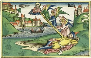 Genesis 28:10 Jakobs ladder, uit de Neurenbergse Bijbel (Biblia Sacra Germanaica) door German School