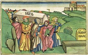 Genesis 49:28-33 De begrafenis van Jakob, uit de Neurenbergse Bijbel (Biblia Sacra Germanaica) door German School