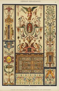 Duitse renaissance, plafond- en muurschildering, houtmozaïek en borduurwerk