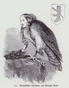 Duitse karikatuur van de 19e-eeuwse Franse romanschrijfster George Sand (litho)