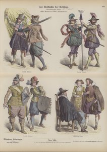 Duitse militaire en burgerlijke kostuums, begin 17e eeuw (gekleurde gravure) door German School