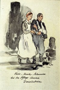 Duitse verpleegster ondersteunt een gewonde man. 1942 door German School