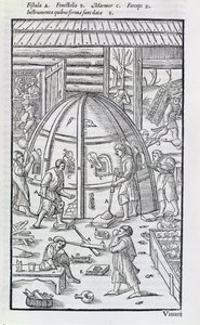 Glasfabriek, illustratie met de marmeroven en glasblazers door German School
