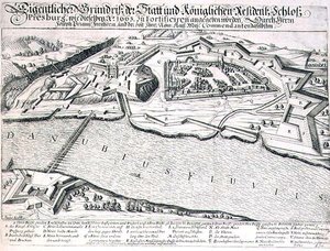Grondplan van de stad en het kasteel van Pressburg en zijn vestingwerken in 1663, illustratie uit een boek over de Ottomaanse campagnes in Europa, gegraveerd door Paul Furst